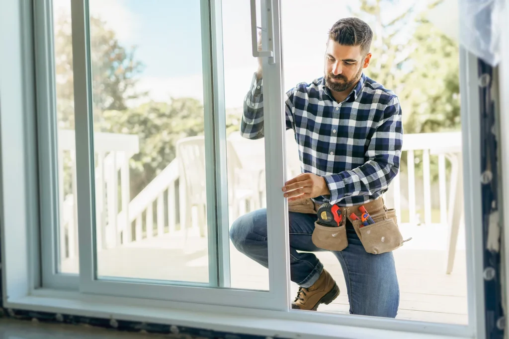 Bearded man in plaid shirt and tool belt inspecting or repairing a white sliding glass patio door.